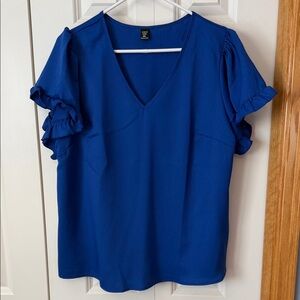 SHEIN Deep Blue V-Neck Blouse with Ruffle Sleeves